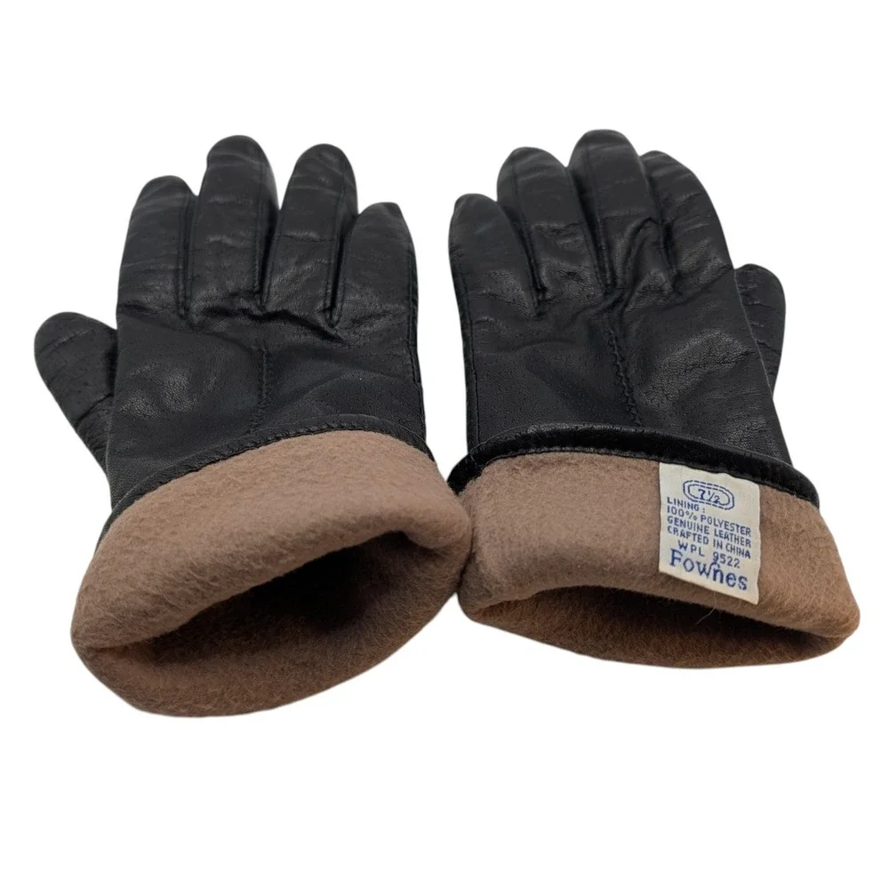 Vintage Pownes  Genuine‎ Leather Gloves Black Polyester Lined Womens Size 7.5